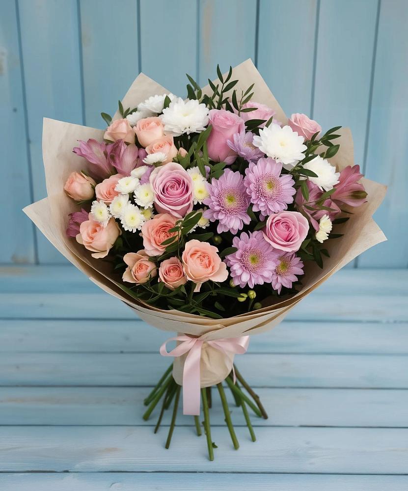 Букет цветов из: Хризантемы, Розы и Альстромерии в Пречистое