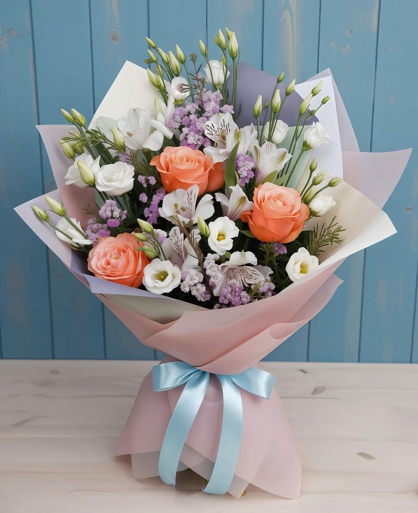 Букет цветов из: Лизиантусы, Розы, Альстромерии и Гипсофила в Пречистое