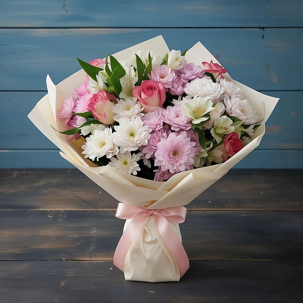 Букет цветов из: Хризантемы, Альстромерии и Розы в Пречистое